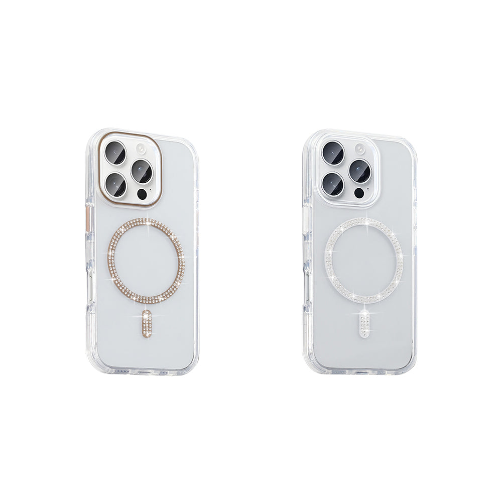 Apple iPhone 15 Pro Kılıf Taşlı Tasarım M-safe Şarj Özellikli Zore Koment Silikon Kapak Gold