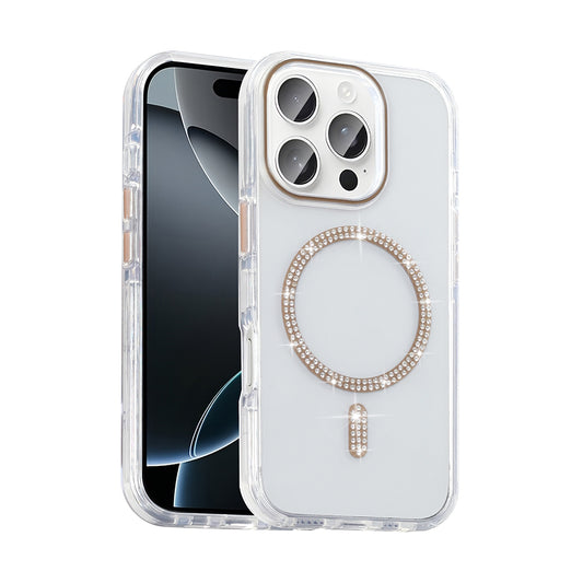 Apple iPhone 15 Pro Kılıf Taşlı Tasarım M-safe Şarj Özellikli Zore Koment Silikon Kapak Gold