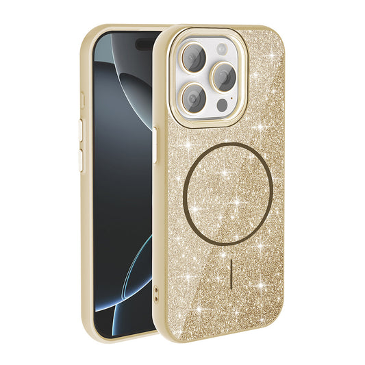 Apple iPhone 15 Pro Max Kılıf M-safe Şarj Özellikli Parlayan Simli Zore Okso Kapak Gold