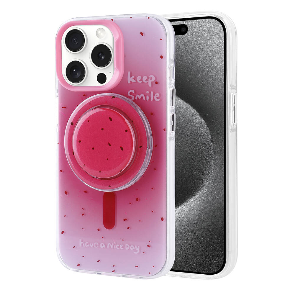 Apple iPhone 15 Pro Max Kılıf M-safe Şarj Özellikli Tak-Çıkar Pop Soketli Zore Tiktok Kapak Pembe Koyu