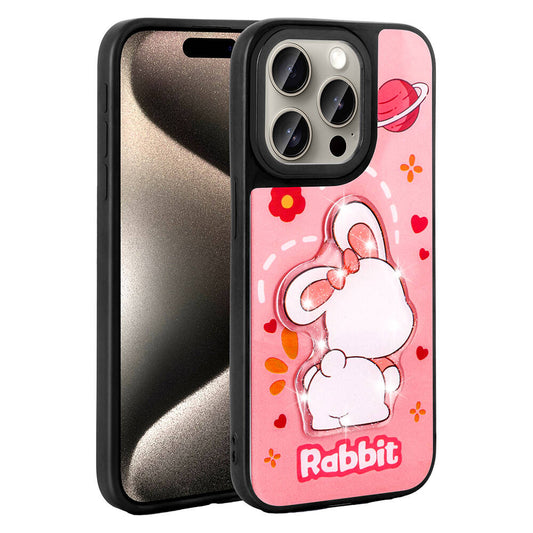 Apple iPhone 15 Pro Max Kılıf Parlayan Kabartmalı İkonik Figürlü Zore Amas Silikon Kapak Pembe