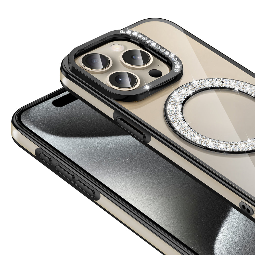 Apple iPhone 15 Pro Max Kılıf Pırlanta Taş Tasarımlı M-safe Şarj Özellikli Zore Karetta Silikon Kapak Siyah