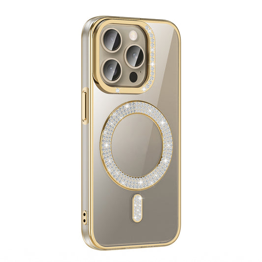 Apple iPhone 15 Pro Max Kılıf Pırlanta Taş Tasarımlı M-safe Şarj Özellikli Zore Karetta Silikon Kapak Gold