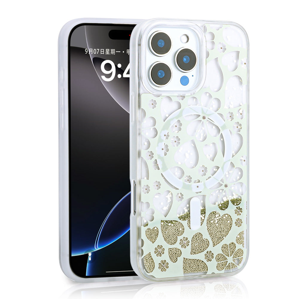 Apple iPhone 15 Pro Max Kılıf Sıvılı Simli Baskılı Şeffaf Arka Yüzey Zore Mossa Silikon Kapak Pembe