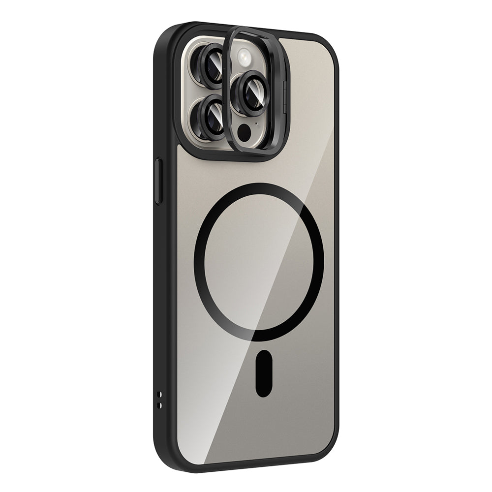 Apple iPhone 15 Pro Max Kılıf Standlı ve Kamera Lens Hediyeli M-Safe Şarj Özellikli Zore Etro Kapak Siyah