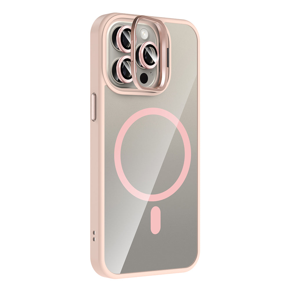 Apple iPhone 15 Pro Max Kılıf Standlı ve Kamera Lens Hediyeli M-Safe Şarj Özellikli Zore Etro Kapak Gri