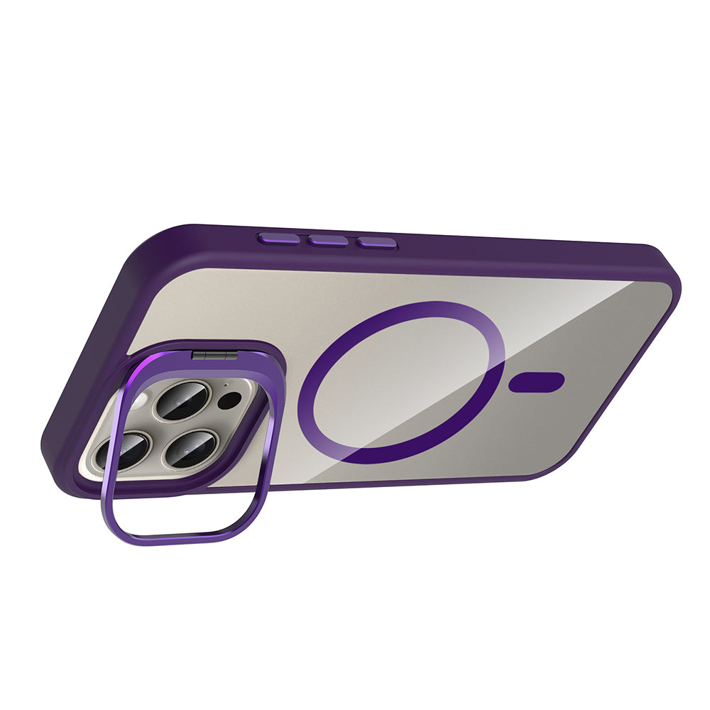 Apple iPhone 15 Pro Max Kılıf Standlı ve Kamera Lens Hediyeli M-Safe Şarj Özellikli Zore Etro Kapak Lacivert