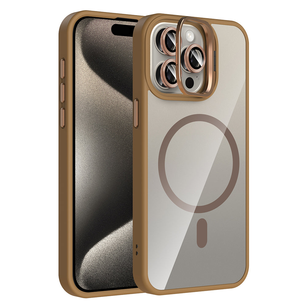 Apple iPhone 15 Pro Max Kılıf Standlı ve Kamera Lens Hediyeli M-Safe Şarj Özellikli Zore Etro Kapak Desert Titanyum