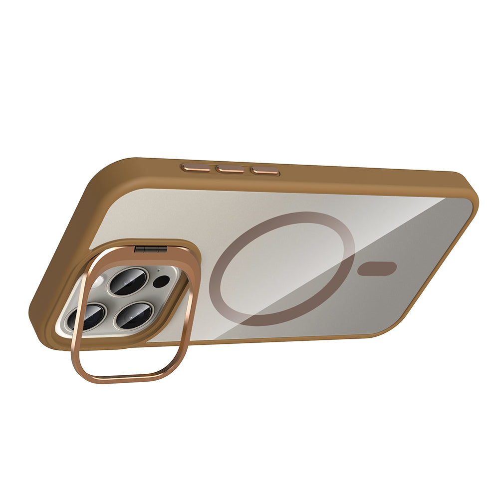 Apple iPhone 15 Pro Max Kılıf Standlı ve Kamera Lens Hediyeli M-Safe Şarj Özellikli Zore Etro Kapak Desert Titanyum