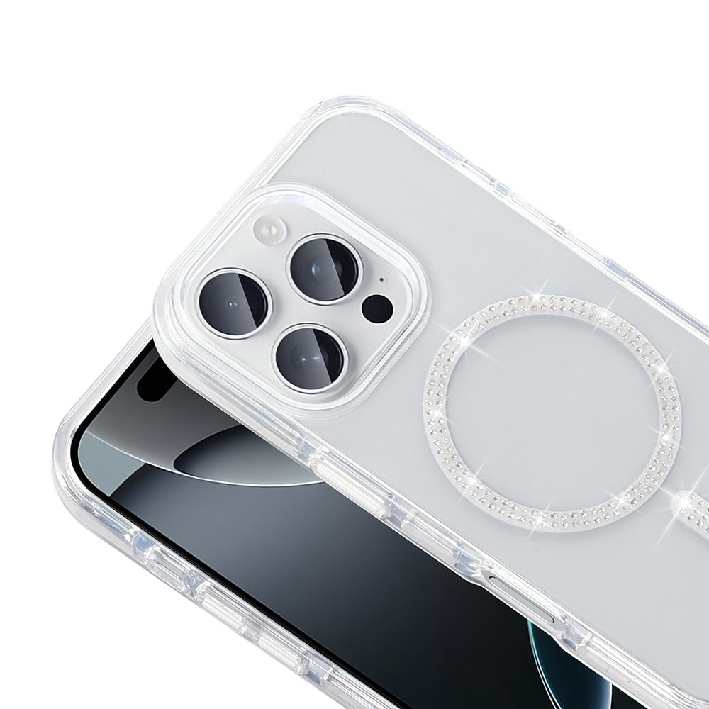 Apple iPhone 15 Pro Max Kılıf Taşlı Tasarım M-safe Şarj Özellikli Zore Koment Silikon Kapak Gümüş