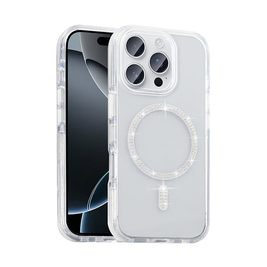 Apple iPhone 15 Pro Max Kılıf Taşlı Tasarım M-safe Şarj Özellikli Zore Koment Silikon Kapak Gümüş