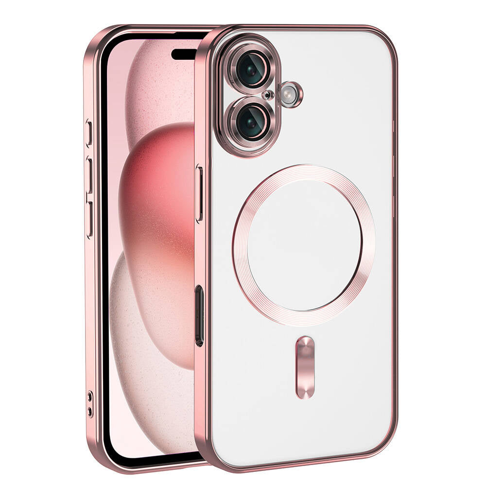 Apple iPhone 16 Kılıf Kamera Korumalı M-safe Wireless Şarj Özellikli Zore Demre Kapak Rose Gold