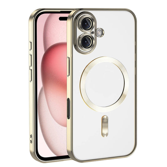 Apple iPhone 16 Kılıf Kamera Korumalı M-safe Wireless Şarj Özellikli Zore Demre Kapak Gold