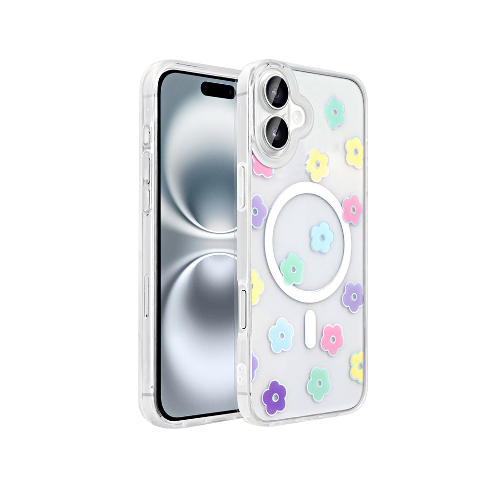 Apple iPhone 16 Kılıf M-Safe Şarj Özellikli Şeffaf Zore Folk Sert Kapak Papatya
