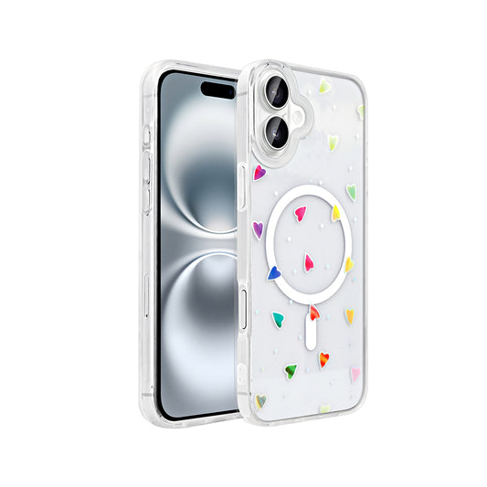 Apple iPhone 16 Kılıf M-Safe Şarj Özellikli Şeffaf Zore Folk Sert Kapak Kalp