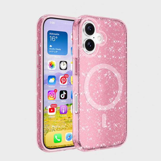Apple iPhone 16 Kılıf M-safe Şarj Özellikli Parlayan Simli Saydam Renkli Zore Allstar Kapak Pembe