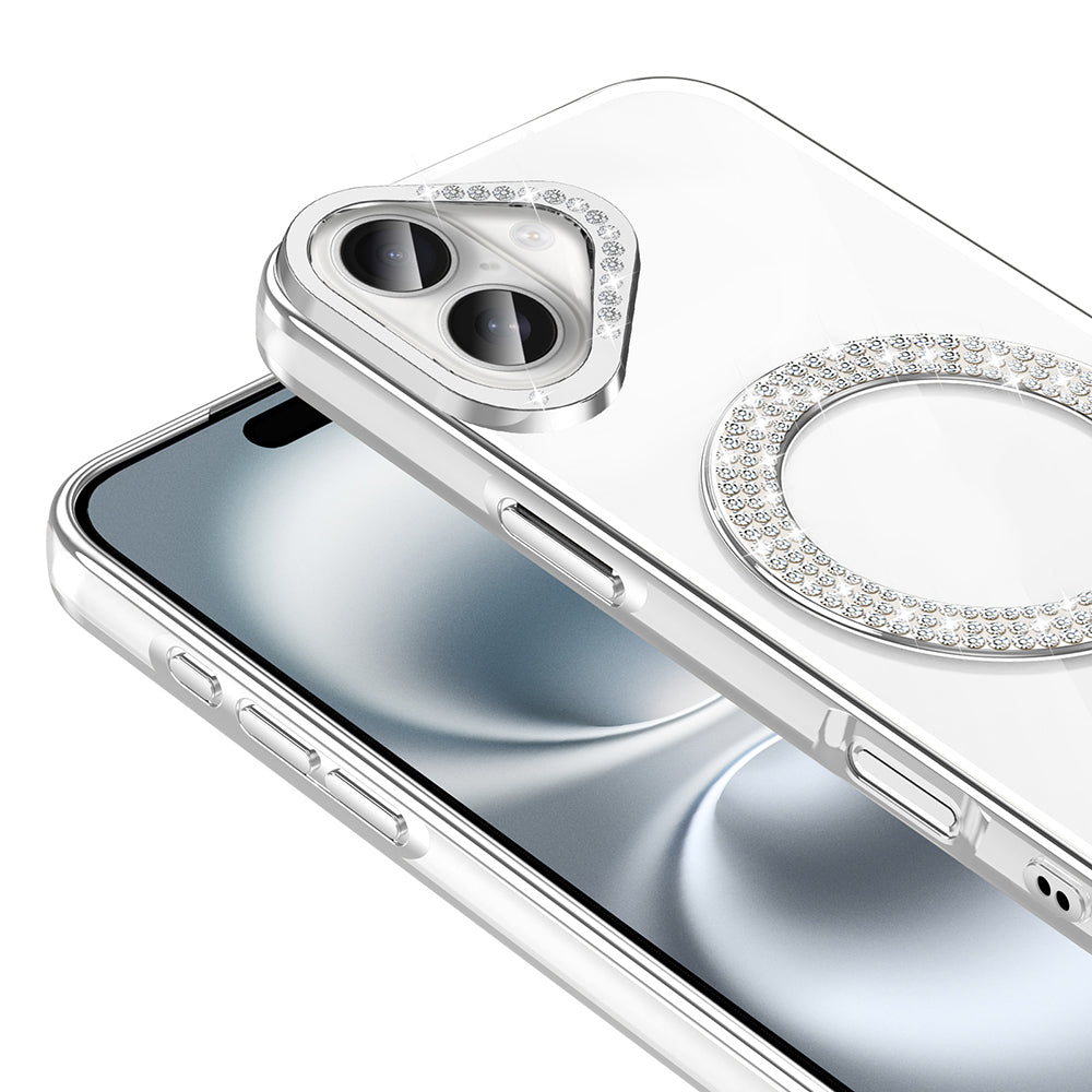 Apple iPhone 16 Kılıf Pırlanta Taş Tasarımlı M-safe Şarj Özellikli Zore Karetta Silikon Kapak Gümüş