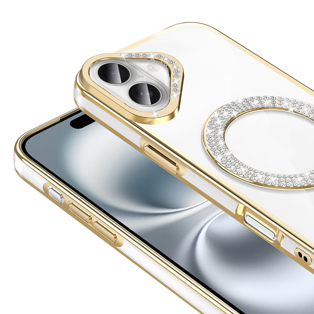 Apple iPhone 16 Kılıf Pırlanta Taş Tasarımlı M-safe Şarj Özellikli Zore Karetta Silikon Kapak Gümüş