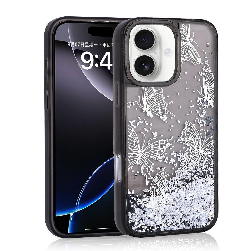 Apple iPhone 16 Kılıf Sıvılı Simli Kelebek Baskılı Şeffaf Arka Yüzey Zore Glis Silikon Kapak Siyah