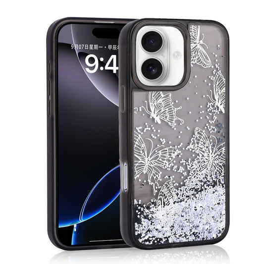 Apple iPhone 16 Kılıf Sıvılı Simli Kelebek Baskılı Şeffaf Arka Yüzey Zore Glis Silikon Kapak Siyah