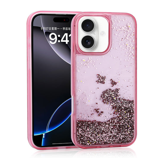 Apple iPhone 16 Kılıf Sıvılı Simli Şeffaf Arka Yüzey Zore Keto Silikon Kapak Pembe