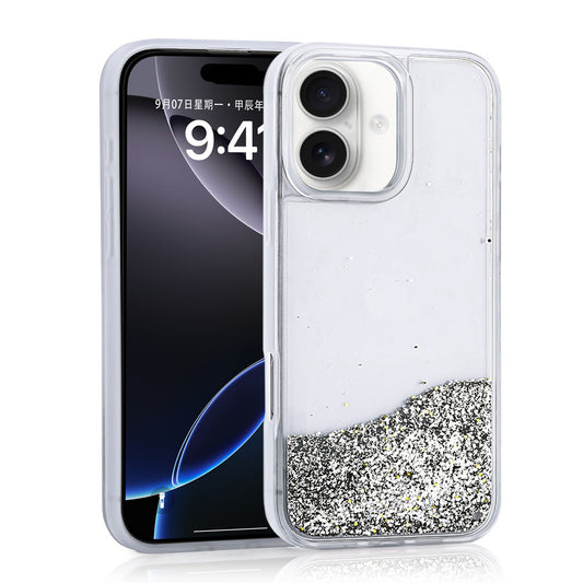 Apple iPhone 16 Kılıf Sıvılı Simli Şeffaf Arka Yüzey Zore Keto Silikon Kapak Gümüş