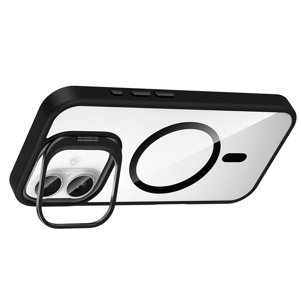 Apple iPhone 16 Kılıf Standlı ve Kamera Lens Hediyeli M-Safe Şarj Özellikli Zore Etro Kapak Gri