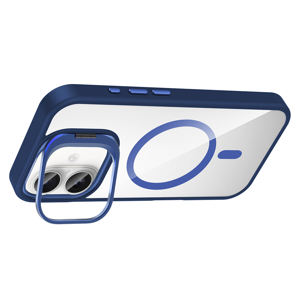 Apple iPhone 16 Kılıf Standlı ve Kamera Lens Hediyeli M-Safe Şarj Özellikli Zore Etro Kapak Lacivert