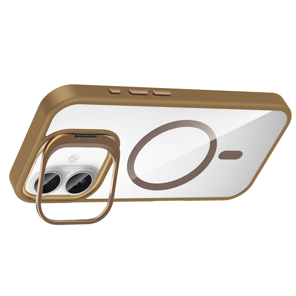 Apple iPhone 16 Kılıf Standlı ve Kamera Lens Hediyeli M-Safe Şarj Özellikli Zore Etro Kapak Lacivert