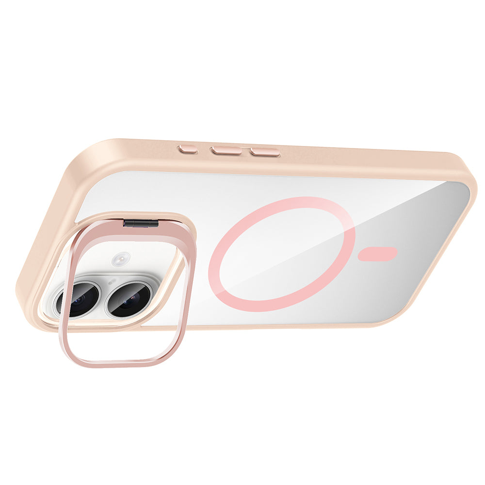 Apple iPhone 16 Kılıf Standlı ve Kamera Lens Hediyeli M-Safe Şarj Özellikli Zore Etro Kapak Gri