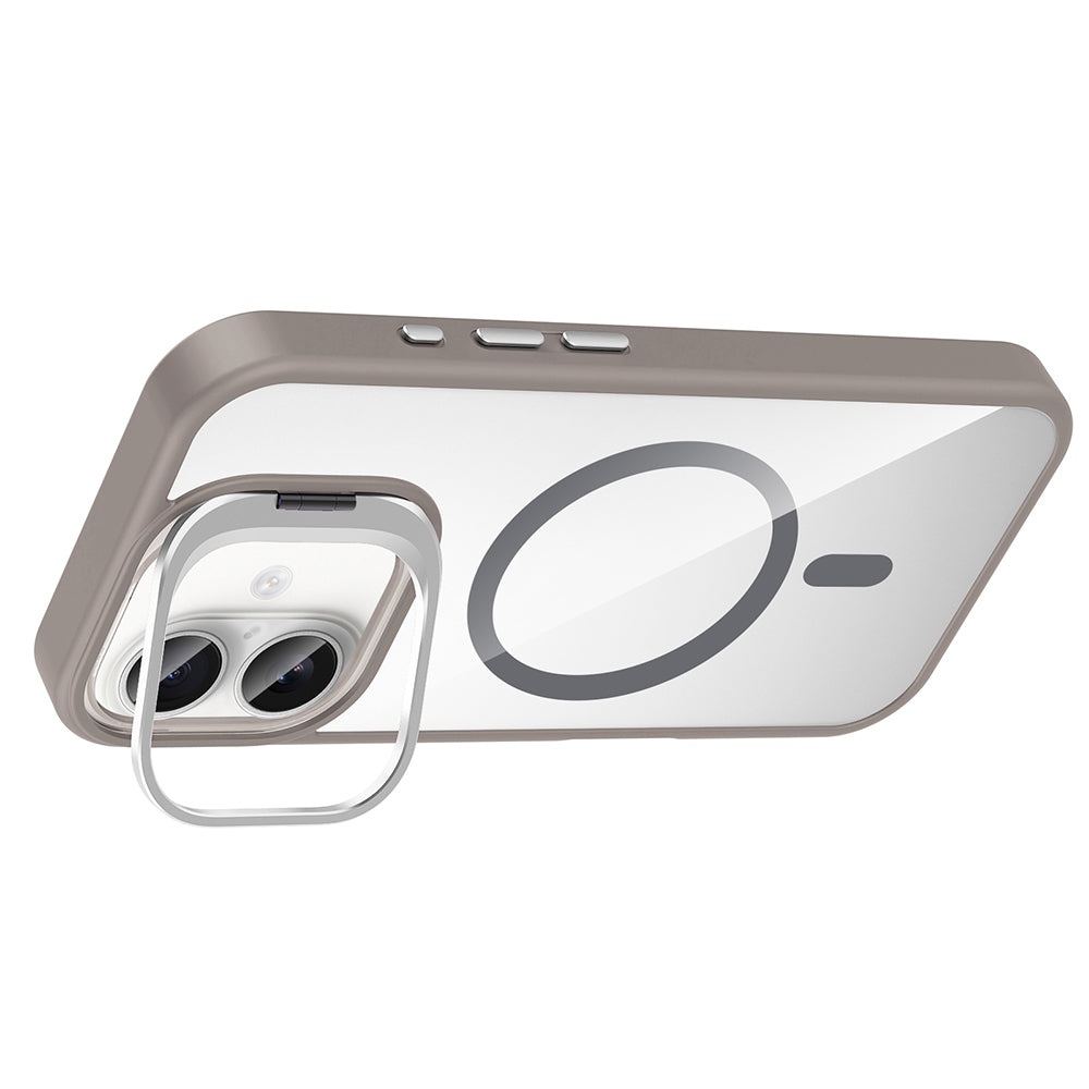 Apple iPhone 16 Kılıf Standlı ve Kamera Lens Hediyeli M-Safe Şarj Özellikli Zore Etro Kapak Gri