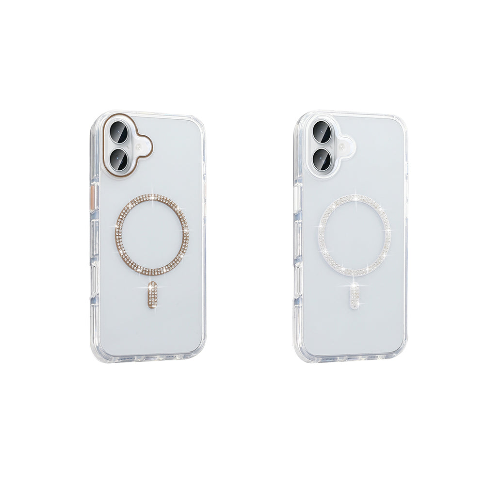 Apple iPhone 16 Kılıf Taşlı Tasarım M-safe Şarj Özellikli Zore Koment Silikon Kapak Gümüş