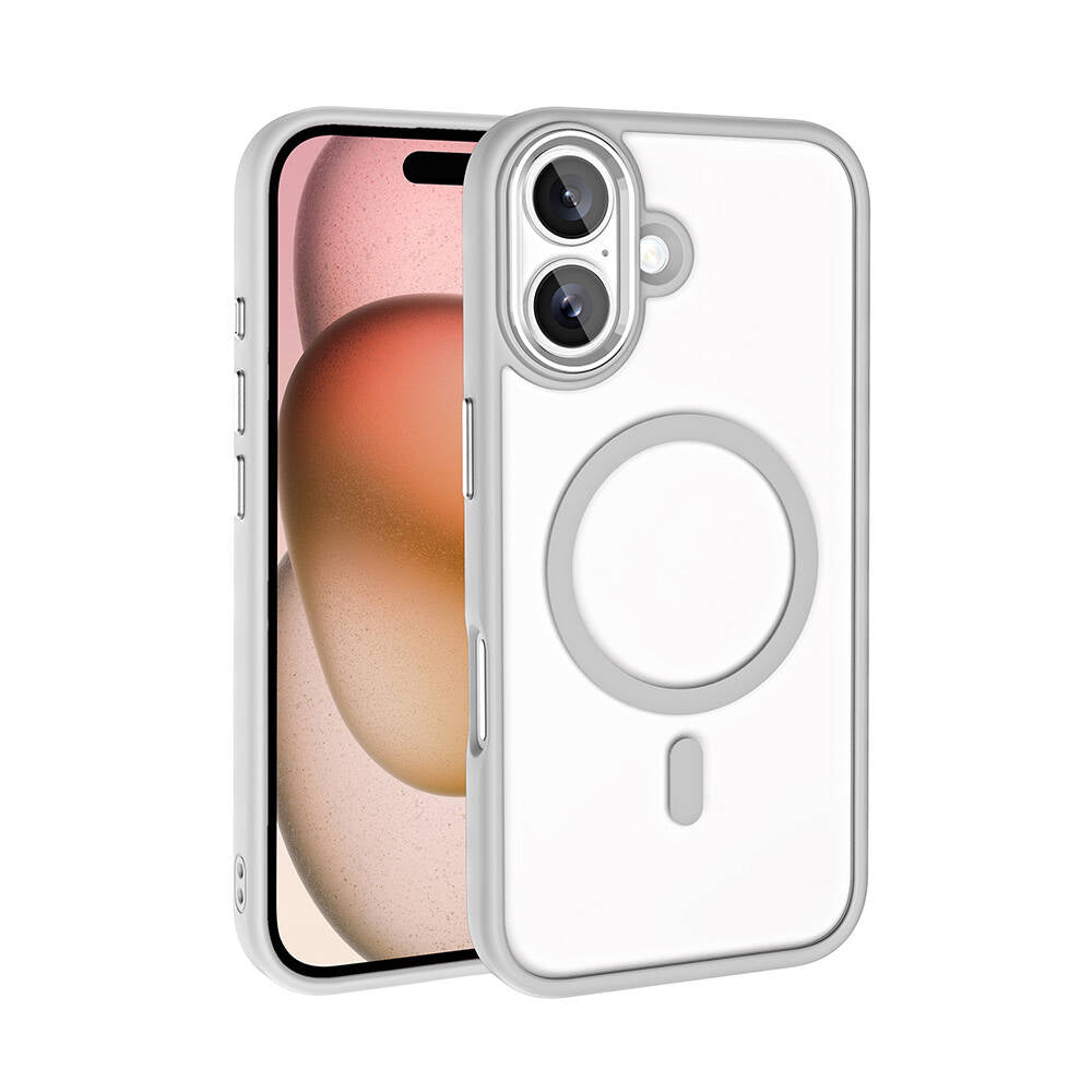 Apple iPhone 16 Kılıf Wireless Şarj Özellikli Zore Krom M-safe Silikon Kapak Gümüş