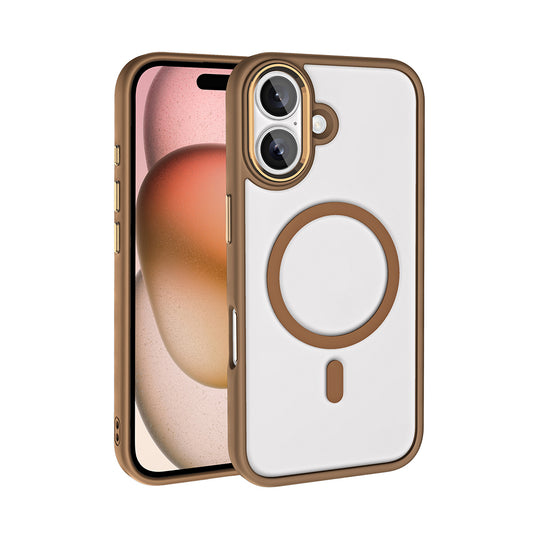 Apple iPhone 16 Kılıf Wireless Şarj Özellikli Zore Krom M-safe Silikon Kapak Rose Brown