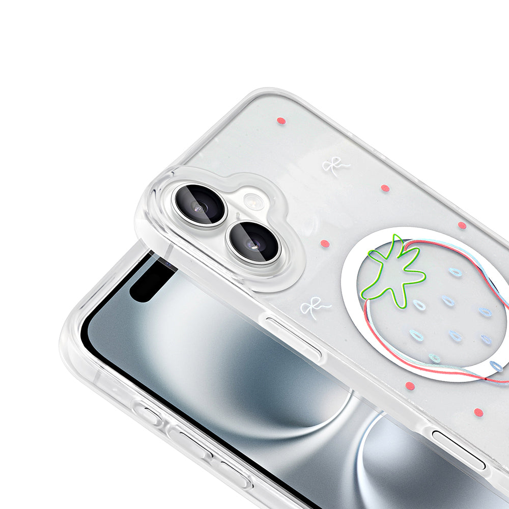 Apple iPhone 16 Plus Kılıf M-Safe Şarj Özellikli Şeffaf Zore Folk Sert Kapak Çilek