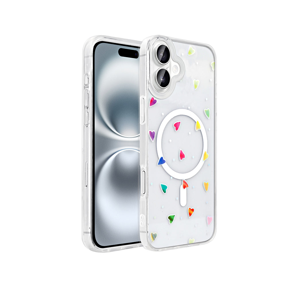 Apple iPhone 16 Plus Kılıf M-Safe Şarj Özellikli Şeffaf Zore Folk Sert Kapak Kalp