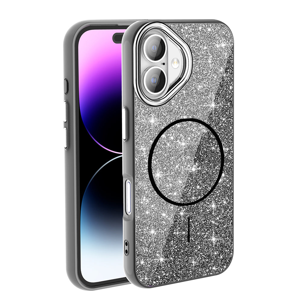 Apple iPhone 16 Plus Kılıf M-safe Şarj Özellikli Parlayan Simli Zore Okso Kapak Siyah
