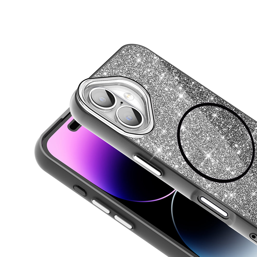Apple iPhone 16 Plus Kılıf M-safe Şarj Özellikli Parlayan Simli Zore Okso Kapak Pembe