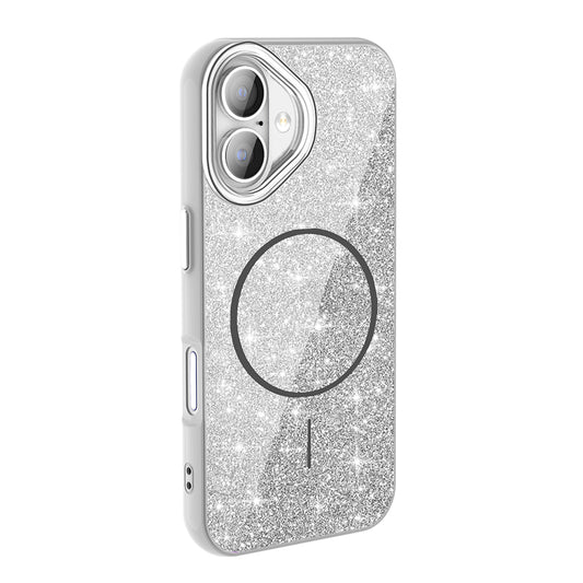Apple iPhone 16 Plus Kılıf M-safe Şarj Özellikli Parlayan Simli Zore Okso Kapak Beyaz