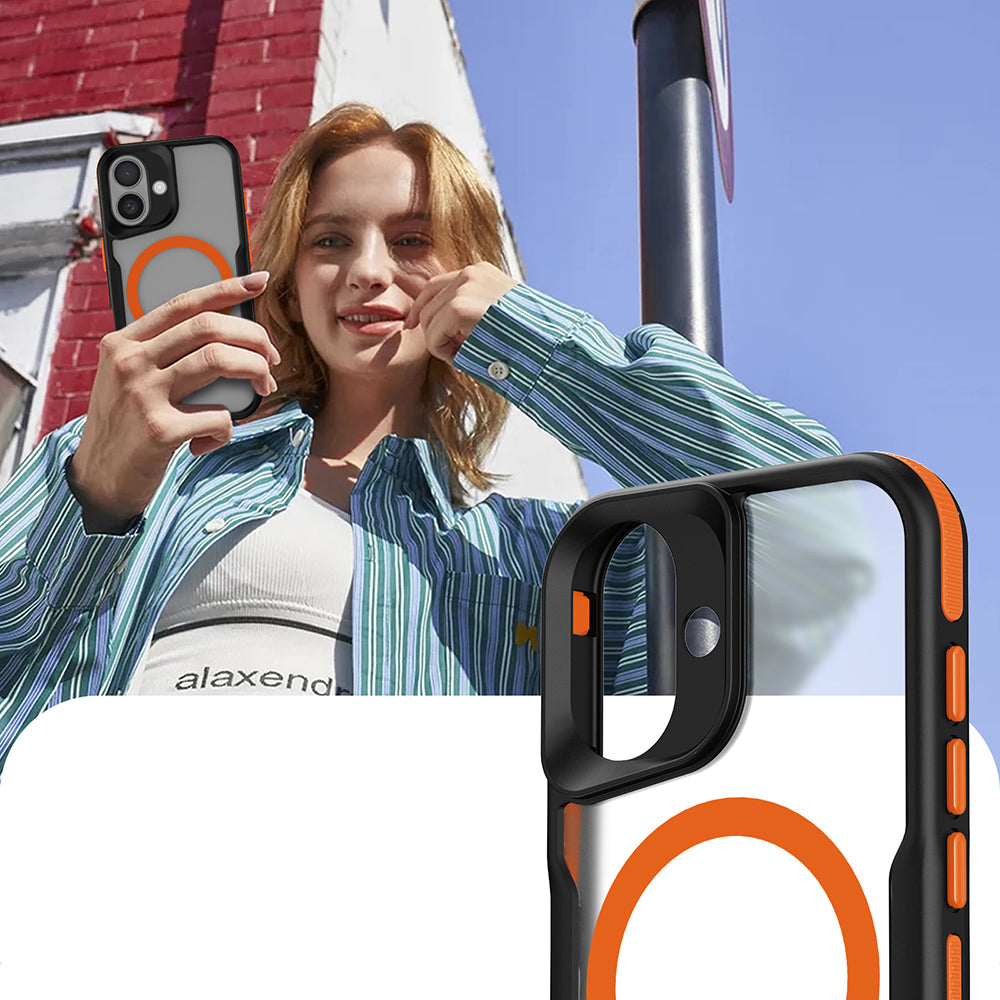 Apple iPhone 16 Plus Kılıf M-safe Şarj Özellikli Renkli Kenar Airbag Şeritli Zore Lamer Kapak Turuncu