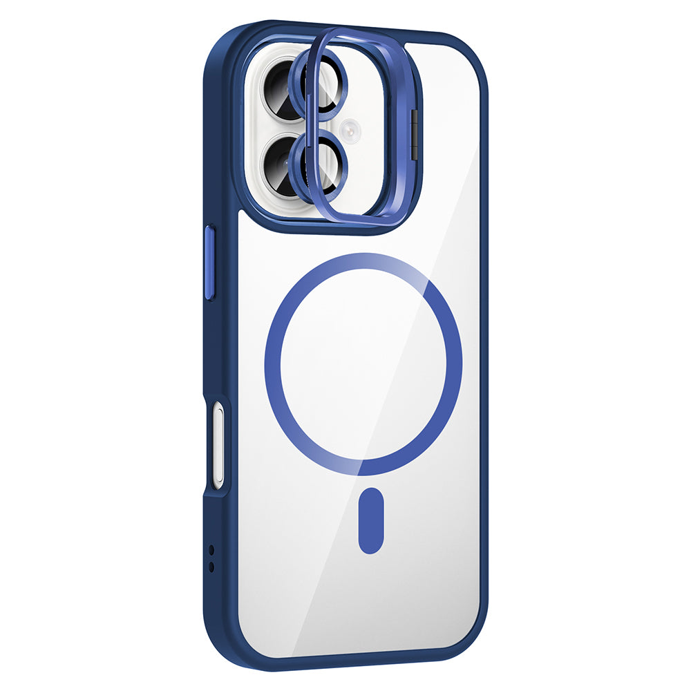 Apple iPhone 16 Plus Kılıf Standlı ve Kamera Lens Hediyeli M-Safe Şarj Özellikli Zore Etro Kapak Lacivert