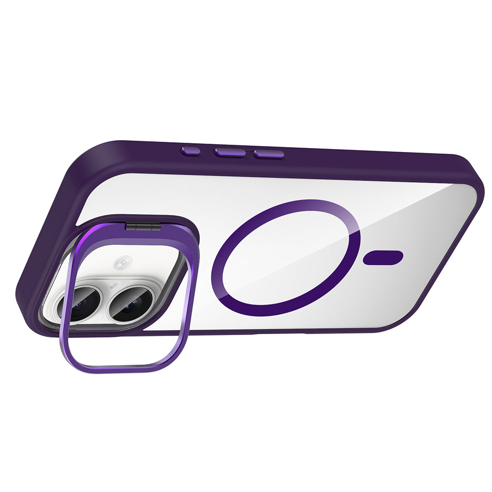 Apple iPhone 16 Plus Kılıf Standlı ve Kamera Lens Hediyeli M-Safe Şarj Özellikli Zore Etro Kapak Gri