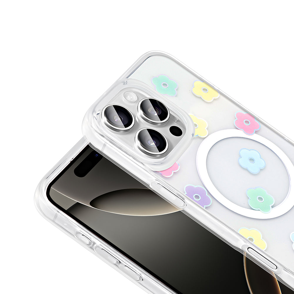 Apple iPhone 16 Pro Kılıf M-Safe Şarj Özellikli Şeffaf Zore Folk Sert Kapak Papatya