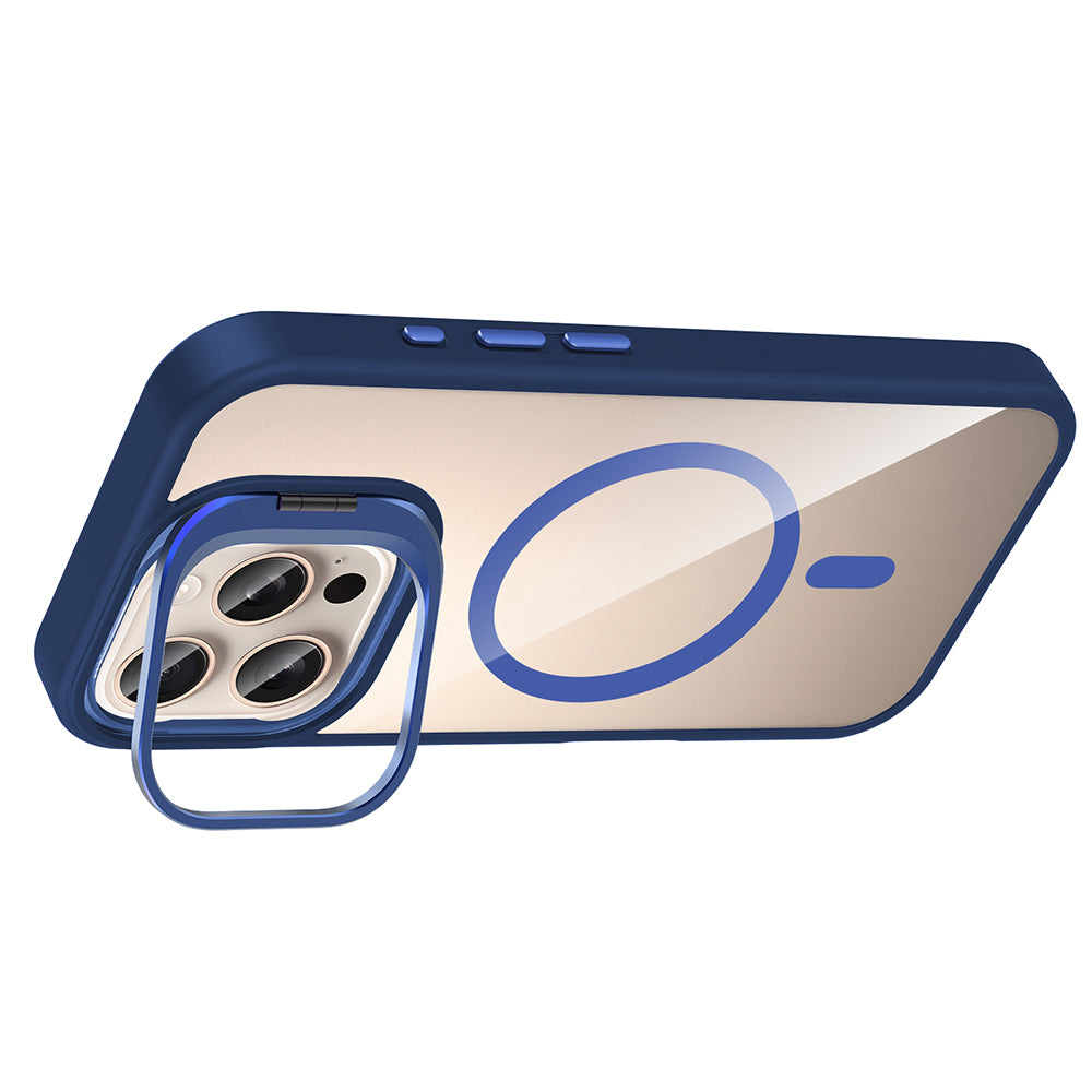 Apple iPhone 16 Pro Kılıf Standlı ve Kamera Lens Hediyeli M-Safe Şarj Özellikli Zore Etro Kapak Gri