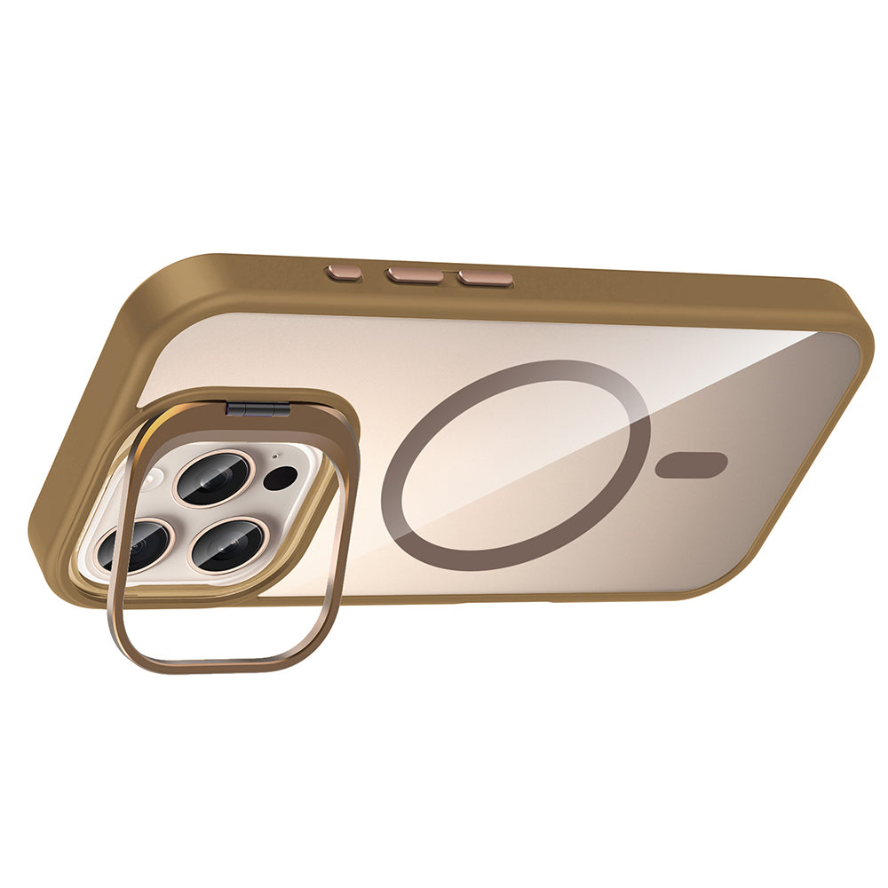 Apple iPhone 16 Pro Kılıf Standlı ve Kamera Lens Hediyeli M-Safe Şarj Özellikli Zore Etro Kapak Desert Titanyum