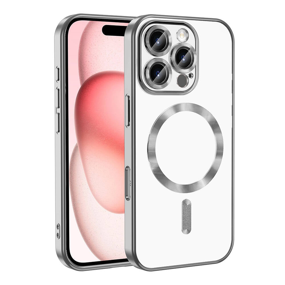 Apple iPhone 16 Pro Max Kılıf Kamera Korumalı M-safe Wireless Şarj Özellikli Zore Demre Kapak Gümüş