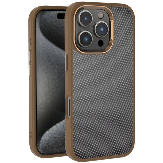 Apple iPhone 16 Pro Max Kılıf Karbon Fiber Görünümlü Parlak Kamera Çerçeveli Zore Venus Kapak Rose Brown