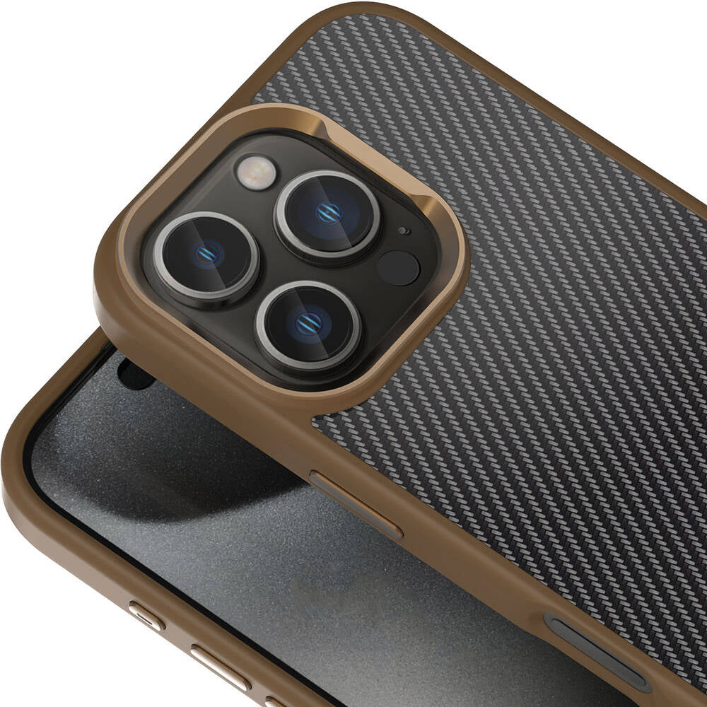 Apple iPhone 16 Pro Max Kılıf Karbon Fiber Görünümlü Parlak Kamera Çerçeveli Zore Venus Kapak Rose Brown