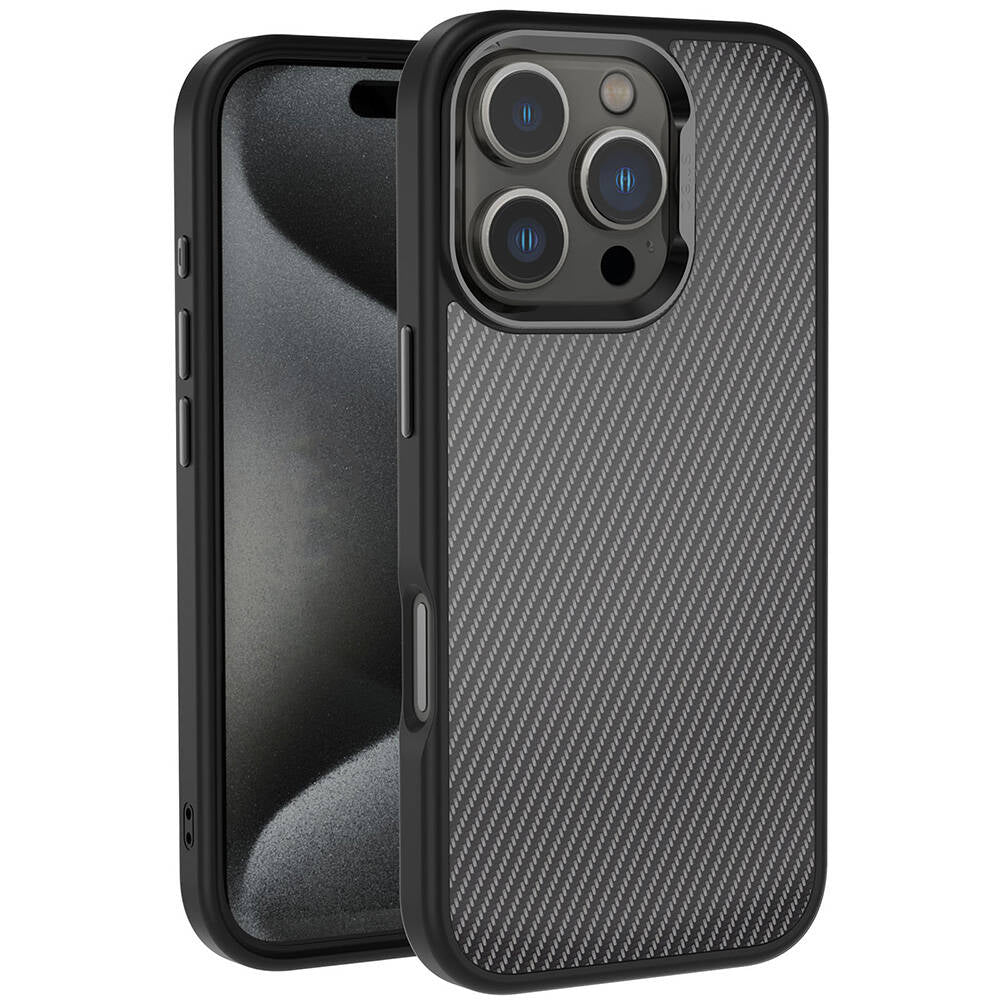 Apple iPhone 16 Pro Max Kılıf Karbon Fiber Görünümlü Parlak Kamera Çerçeveli Zore Venus Kapak Rose Brown