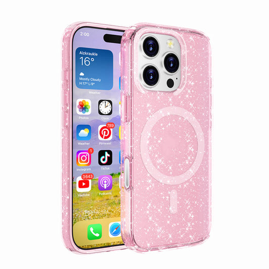 Apple iPhone 16 Pro Max Kılıf M-safe Şarj Özellikli Parlayan Simli Saydam Renkli Zore Allstar Kapak Pembe